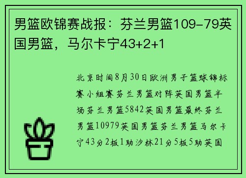 男篮欧锦赛战报：芬兰男篮109-79英国男篮，马尔卡宁43+2+1